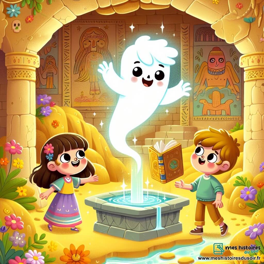 Une illustration sous forme de dessin destinée aux enfants représentant une oasis cachée au milieu d'un désert doré, avec un fantôme amical, un jeune garçon transparent aux cheveux ébouriffés et aux yeux pétillants, flottant joyeusement au-dessus d'un ruisseau scintillant, tandis qu'une fillette aux cheveux bruns et aux yeux curieux, vêtue d'une robe colorée, et un garçon aux cheveux blonds et au visage souriant, s'approchent de lui avec émerveillement, tous trois prêts à découvrir les secrets d'un livre magique posé sur un piédestal en marbre, entouré de fleurs multicolores et de dessins anciens sur les murs de la grotte.