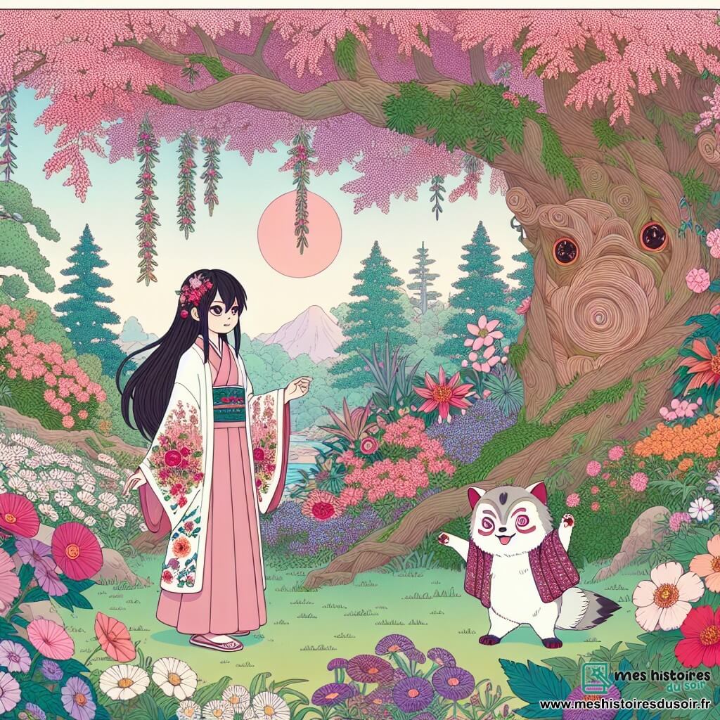 Une illustration sous forme de dessin destinée aux enfants représentant une clairière enchantée au Japon, ornée de fleurs éclatantes et de grands arbres majestueux, où une jeune femme aux cheveux longs et noirs, vêtue d'un kimono rose brodé de motifs floraux, se tient avec un regard déterminé, écoutant attentivement un petit tanuki espiègle aux yeux pétillants, qui lui explique des énigmes tout en dansant joyeusement autour d'elle, symbolisant la quête de sagesse et d'harmonie dans la nature.