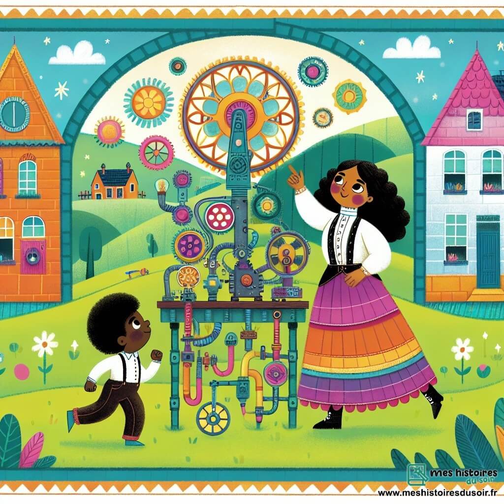 Une illustration destinée aux enfants représentant une femme inventrice géniale, créant une machine à rêves farfelue, accompagnée d'un garçon curieux, dans un village pittoresque avec des maisons colorées et des champs verdoyants.