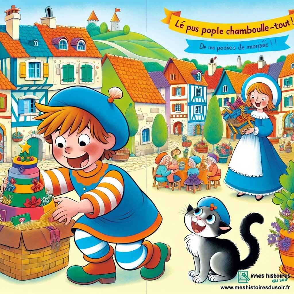 Une illustration destinée aux enfants représentant un petit garçon plein d'énergie préparant un cadeau spécial pour sa maman, accompagné de son chat espiègle, dans un village coloré et animé nommé Chamboule-Tout.
