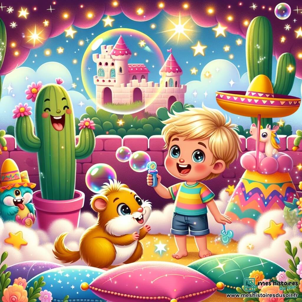 Une illustration sous forme de dessin destinée aux enfants représentant un jardin magique illuminé par des étoiles scintillantes, où un garçon de 5 ans aux cheveux blonds et aux yeux pétillants, vêtu d'un t-shirt coloré et d'un short, rit aux éclats en jouant avec son hamster doré qui parle, tandis qu'autour d'eux, des amis imaginaires comme un cactus dansant avec un sombrero et un dragon rose soufflant des bulles de savon s'amusent dans un château sucré fait de coussins et de jouets, créant une ambiance joyeuse et ludique pleine de rires et de douceurs.