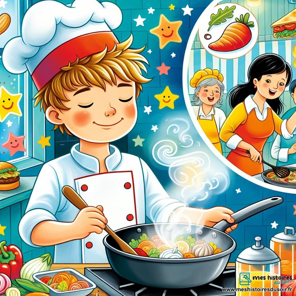 Une illustration destinée aux enfants représentant un jeune garçon passionné de cuisine, un restaurant étoilé où il travaille avec sa maman comme personnage secondaire, dans une cuisine colorée et animée par les délicieuses odeurs qui s'en échappent.