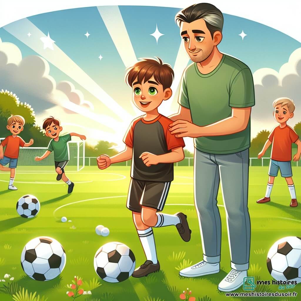 Une illustration destinée aux enfants représentant un jeune garçon passionné de football, rêvant de devenir joueur professionnel, accompagné de son père bienveillant, sur un terrain de football verdoyant et ensoleillé, où il s'entraîne avec ses amis.