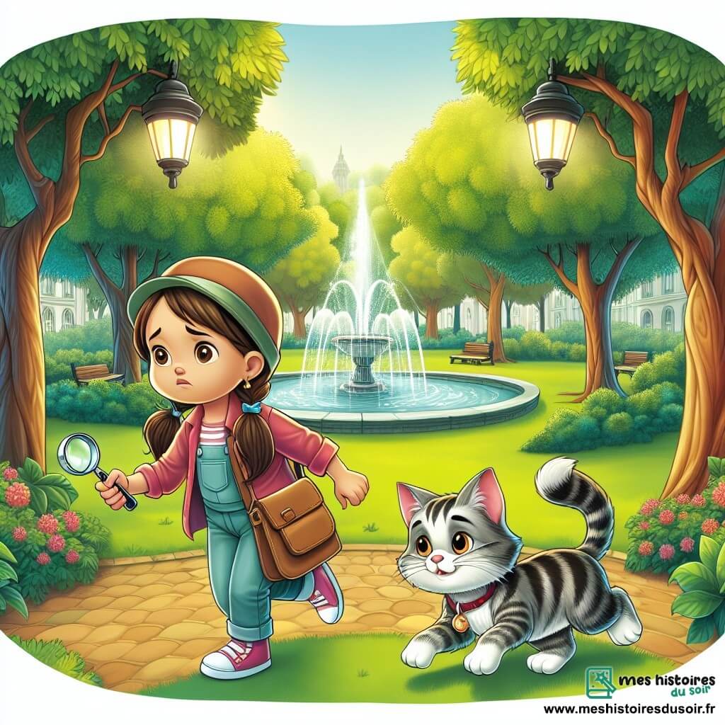 Une illustration destinée aux enfants représentant une fillette déterminée menant une enquête pour retrouver son chat disparu, accompagnée de son fidèle compagnon à quatre pattes, dans un parc verdoyant aux arbres majestueux et à la fontaine scintillante.