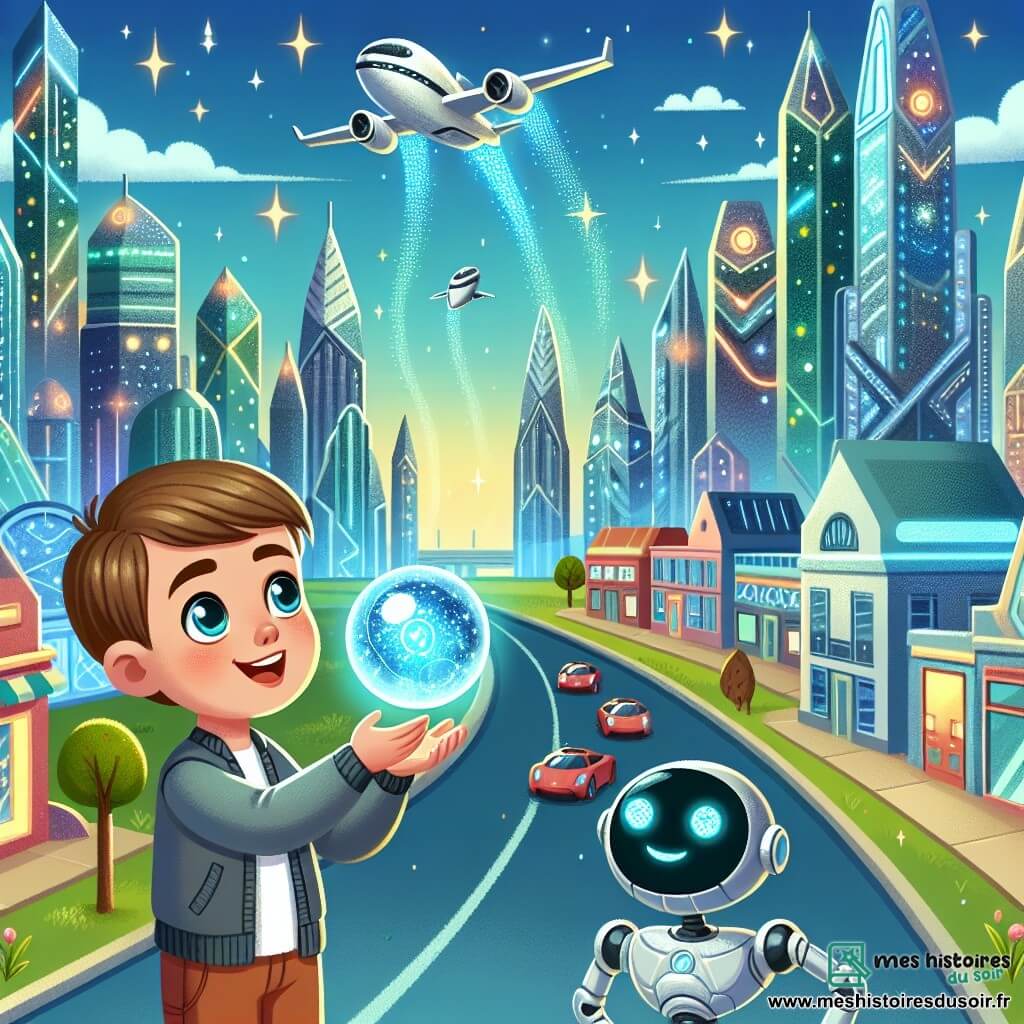 Une illustration destinée aux enfants représentant un garçon curieux découvrant une sphère argentée magique, accompagné d'une intelligence artificielle bienveillante, dans la ville futuriste scintillante d'Émeraude, où les rues sont bordées de bâtiments étincelants aux formes futuristes et où des véhicules volants illuminent le ciel bleu azur.