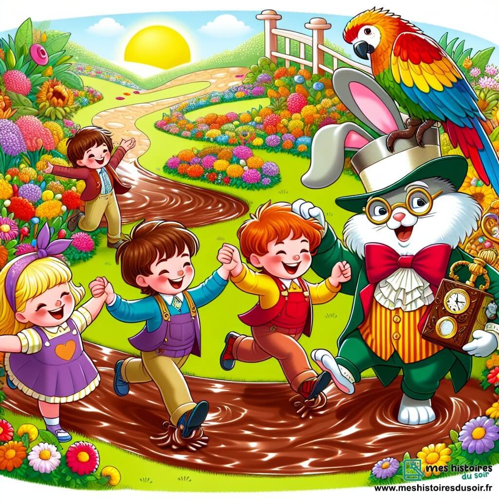 Une illustration sous forme de dessin destinée aux enfants représentant un jardin ensoleillé rempli de fleurs colorées, où un groupe de quatre enfants de 7 ans (deux garçons aux cheveux bruns et blonds, et deux filles aux cheveux châtains et roux) dansent joyeusement autour d'une rivière de chocolat, tandis qu'un perroquet coloré aux plumes éclatantes se perche sur l'épaule d'un des garçons, et un lapin géant portant des lunettes rondes et une montre à gousset les observe avec un sourire amusé, le tout dans une ambiance festive et magique, évoquant des rires et des aventures enchantées.