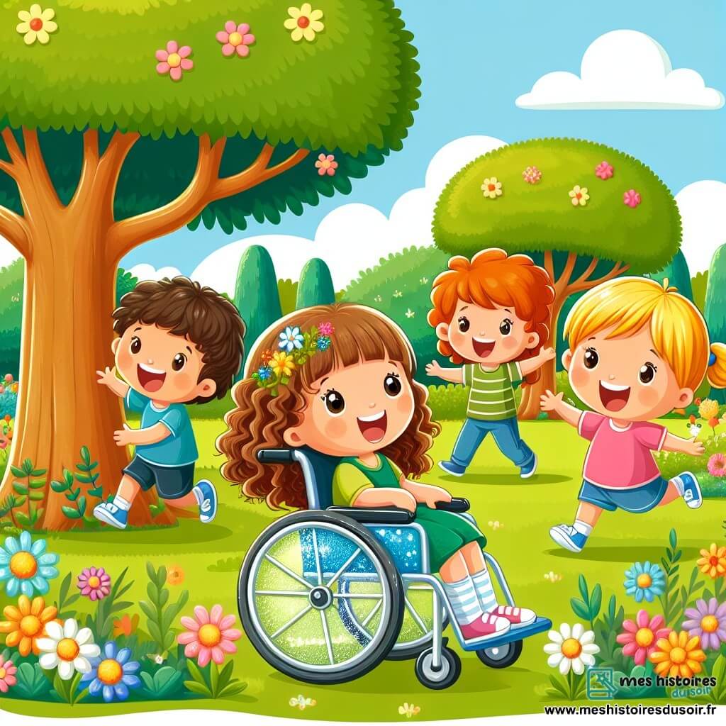 Une illustration sous forme de dessin destinée aux enfants représentant un parc ensoleillé avec des arbres verdoyants et des fleurs colorées, où un groupe de quatre enfants de cinq ans, deux filles aux cheveux bouclés bruns et dorés, et un garçon aux cheveux châtains, jouent joyeusement ensemble ; l'une des filles, assise dans une chaise roulante bleue étincelante, sourit en guidant ses amies dans un jeu de cache-cache, tandis que les autres rient et se cachent derrière un grand arbre, illustrant ainsi l'inclusion et l'amitié dans un moment de pur bonheur.