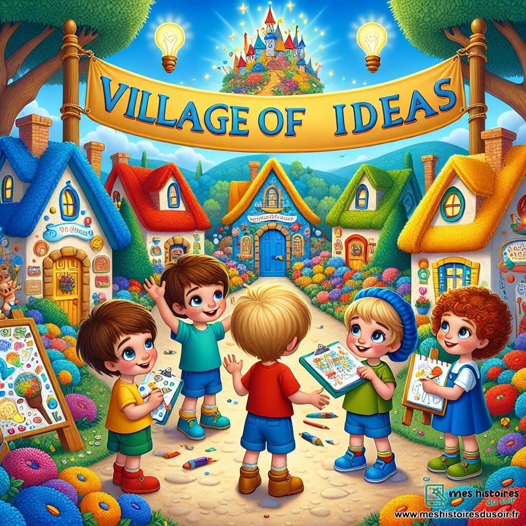 Illustration d'un village coloré avec des maisons vives de bleu, rouge, jaune et vert, entouré de fleurs éclatantes et d'arbres majestueux. Au centre, un grand panneau doré indique « Village des Idées ». Quatre enfants se tiennent au milieu : un garçon de cinq ans aux cheveux bruns, en t-shirt rouge et short bleu, qui regarde curieusement ; un autre garçon blond aux yeux pétillants, en t-shirt vert, souriant en levant les bras ; un garçon châtain avec une casquette bleue, tenant un carnet de croquis et dessinant avec enthousiasme ; et une petite fille de cinq ans avec des cheveux bouclés et une robe jaune, observant les autres avec un regard rêveur. Les enfants rassemblent des idées et partagent leurs rêves, entourés d'une ambiance magique et créative. Des bulles de dialogue colorées montrent leurs rêves : un château flottant, une rivière en chocolat et des étoiles brillantes. Le ciel est bleu éclatant avec des nuages doux, ajoutant une touche féerique à cette scène joyeuse et inspirante.