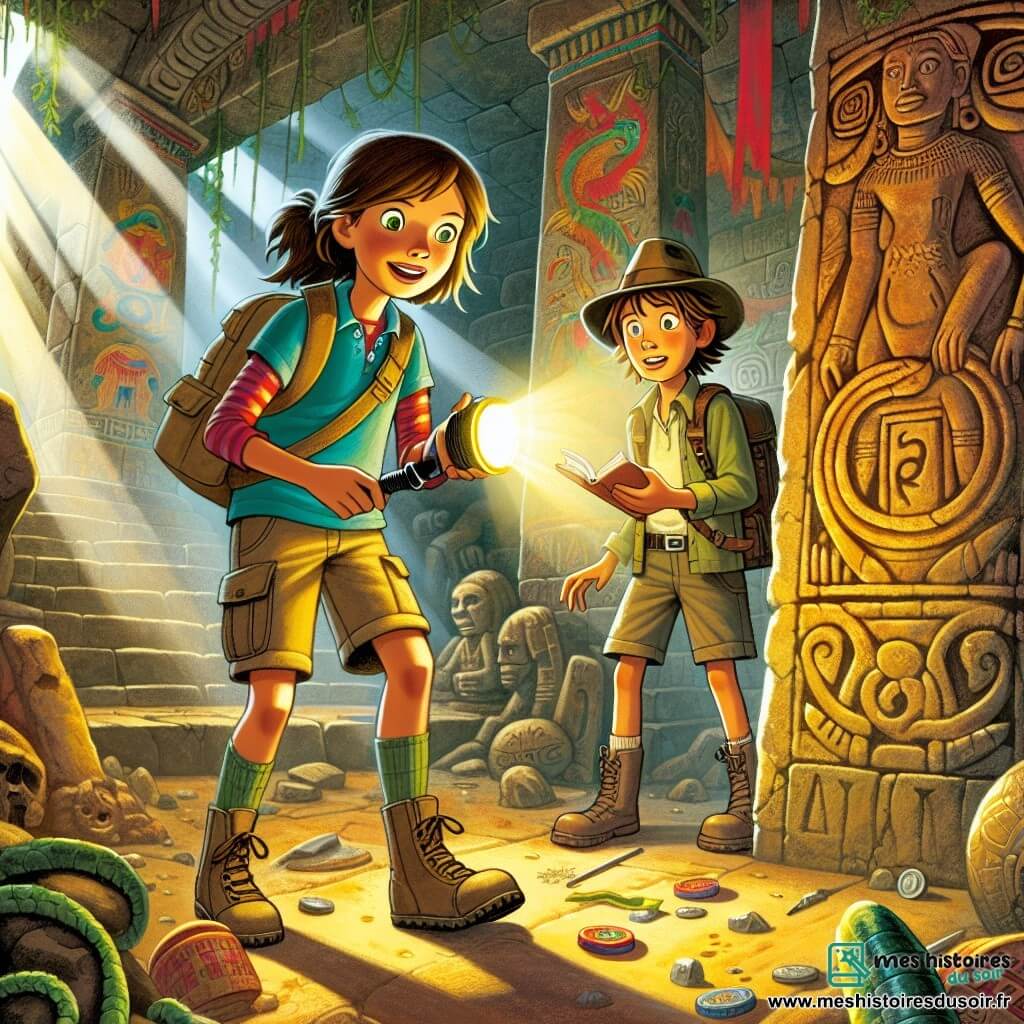 Illustration d'une scène captivante dans un ancien temple mystérieux, avec des murs ornés de fresques colorées et de lianes. La lumière d'une lampe torche éclaire des symboles anciens gravés dans la pierre, tandis que des ombres dansent dans les coins sombres. Au centre, une jeune exploratrice d'environ douze ans, cheveux bruns en queue de cheval, porte un t-shirt coloré et un short. Elle tient une lampe torche et un carnet, son visage illuminé par l'excitation. À ses côtés, un garçon du même âge, avec des cheveux ébouriffés et un sourire malicieux, observe les fresques, les yeux pétillants. Ils découvrent un passage secret derrière une statue de déesse, entourés de trésors, tandis qu'une ombre menaçante se profile, ajoutant du suspense. Des détails comme des pierres anciennes, des bijoux et des plantes exotiques renforcent l'atmosphère d'aventure et de mystère.