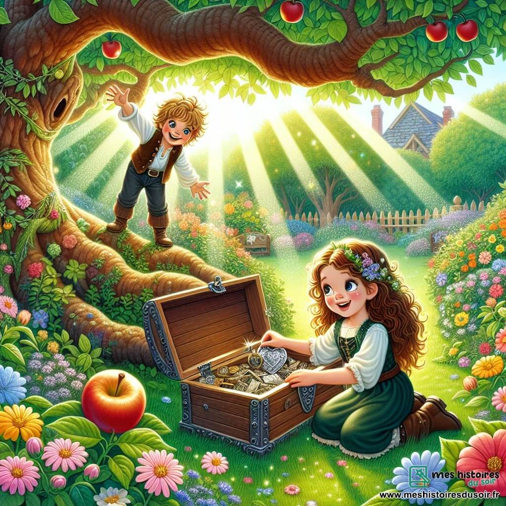 Illustration d'un jardin ensoleillé, rempli de fleurs colorées et d'arbres majestueux. Au centre, un vieux pommier aux branches étendues, sous lequel se trouve un coffre en bois ouvert, révélant des objets anciens scintillants. Le personnage principal est une fille de 9 ans, avec des cheveux bouclés châtaigne, des yeux pétillants de curiosité et un sourire malicieux. Elle est accroupie près du coffre, tenant un médaillon en argent, émerveillée. À ses côtés, un garçon de 10 ans, avec des cheveux blonds en bataille et un regard joyeux, observe avec enthousiasme, prêt à partager cette découverte. Les deux enfants explorent leur jardin magique, découvrant un trésor caché qui symbolise leur amitié et leur esprit d'aventure, tandis que des rayons de soleil filtrent à travers les feuilles, ajoutant chaleur et magie à la scène.