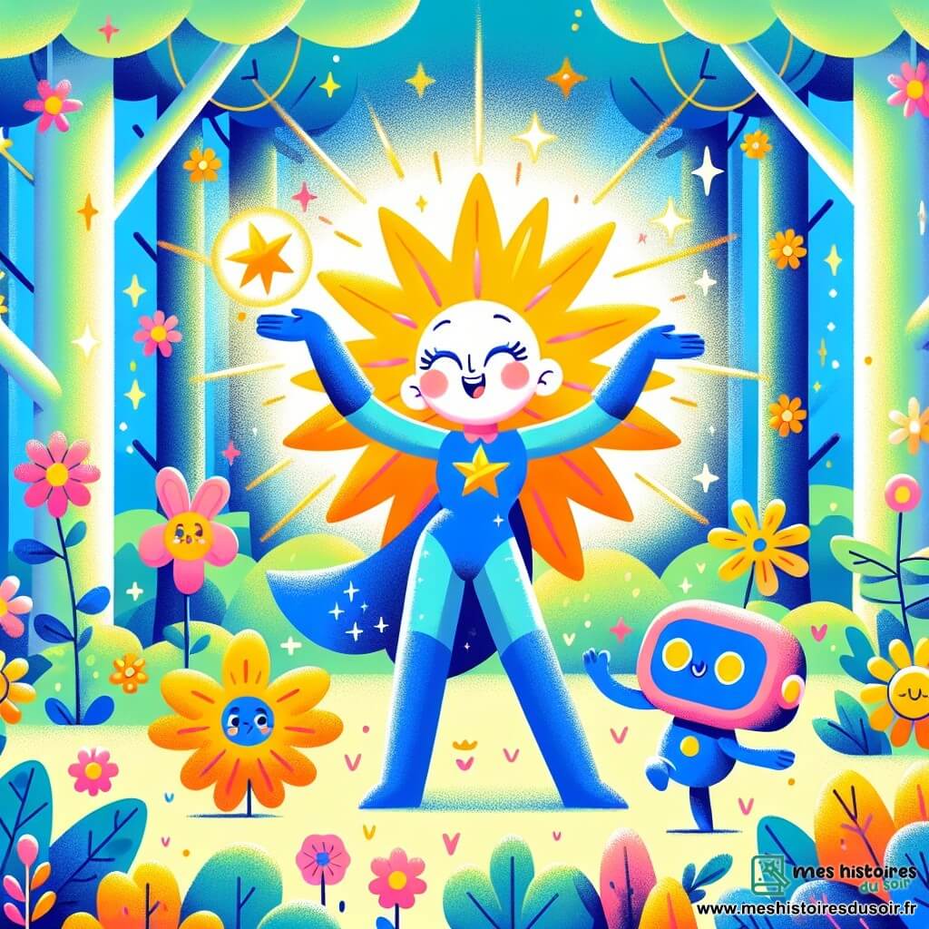 Une illustration sous forme de dessin destinée aux enfants représentant une forêt enchantée pleine de couleurs vives et de fleurs éclatantes, avec une super-héroïne aux cheveux brillants comme le soleil, vêtue d'un costume bleu étincelant, souriant joyeusement tout en dansant autour d'une étoile triste qui émet une faible lueur, tandis qu'un petit robot aux formes arrondies et aux yeux lumineux, flottant à ses côtés, encourage les animaux de la forêt, comme un lapin et un oiseau, à chanter et à danser pour redonner le sourire à l'étoile, créant ainsi une atmosphère de magie et d'amitié.