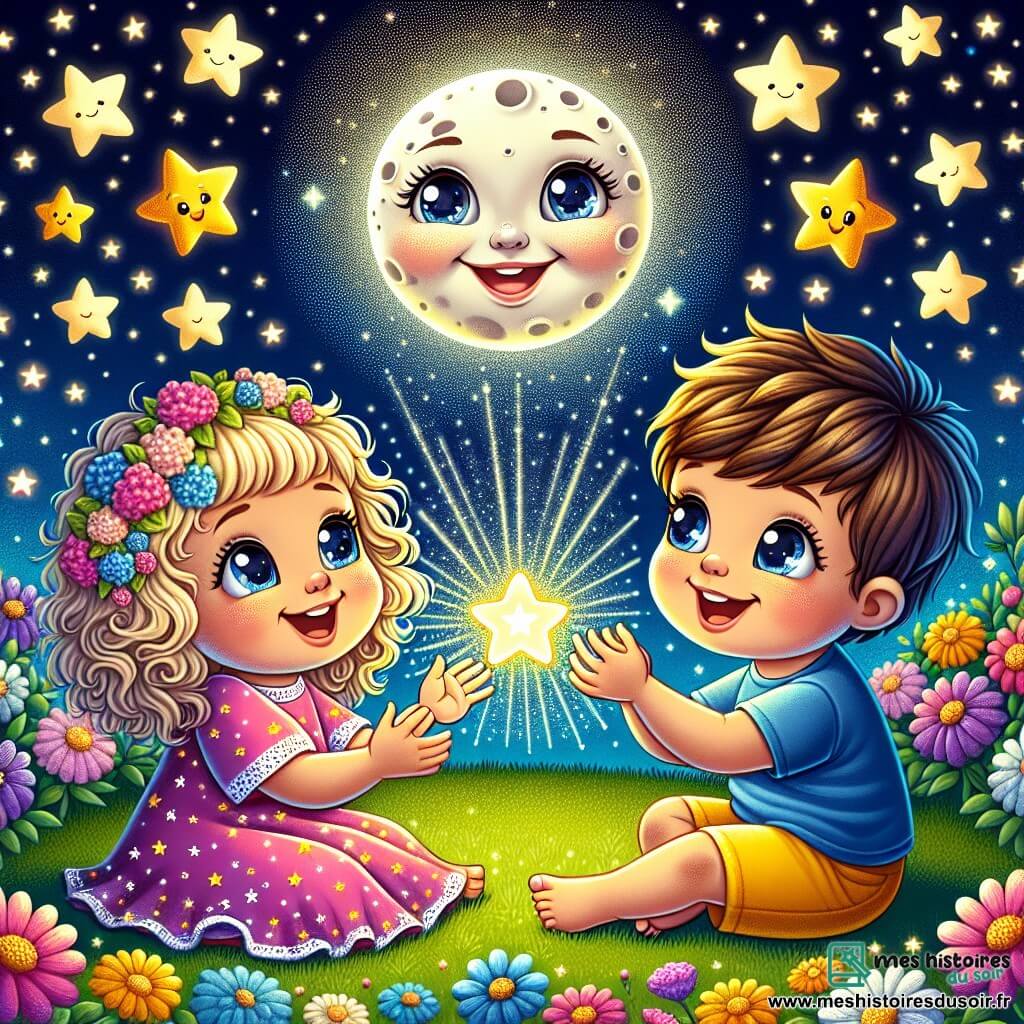 Illustration d'un ciel étoilé avec des étoiles scintillantes et une lune souriante au centre. En bas, un jardin coloré avec des fleurs éclatantes, éclairé par la douce lumière des étoiles. Au premier plan, une petite fille d'un an, aux cheveux bouclés et dorés, en robe rose à motifs d'étoiles, est assise dans l'herbe, émerveillée par le ciel. Elle tient un jouet en forme d'étoile. À côté, un garçon de deux ans, aux cheveux bruns, sourit à la petite fille tout en tenant un jouet en forme de lune. Ils échangent leurs jouets avec des sourires, entourés de la magie des étoiles, tandis que des papillons colorés volent autour d'eux, ajoutant une touche de féérie à cette scène nocturne enchantée.