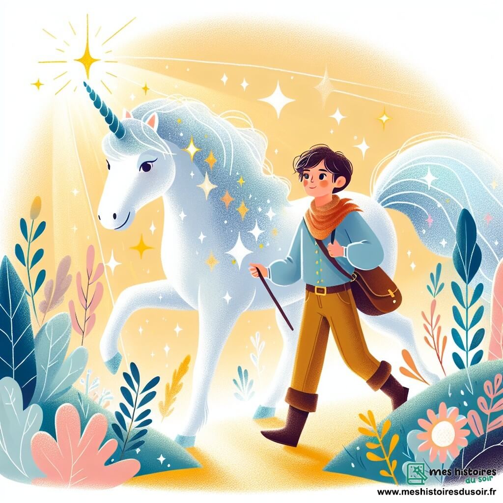 Une illustration destinée aux enfants représentant un jeune garçon courageux se lançant dans une aventure extraordinaire aux côtés d'une licorne étincelante, dans une clairière ensoleillée baignée de lumière magique.