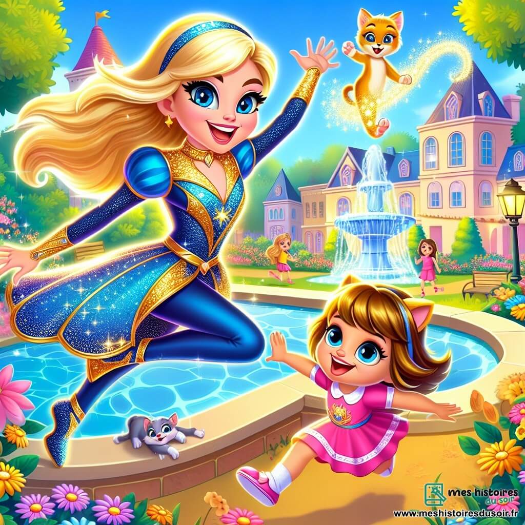 Une illustration sous forme de dessin destinée aux enfants représentant un parc ensoleillé de Lumiville, rempli de fleurs colorées et de rires d'enfants, où une jeune femme aux cheveux blonds éclatants et aux yeux azur, vêtue d'un costume scintillant bleu et or, vole dans les airs en lançant des éclats de lumière pour attirer l'attention d'un petit chaton aux poils dorés qui s'amuse près d'une fontaine, tandis qu'une petite fille aux cheveux bruns, vêtue d'une robe rose, court joyeusement vers le chaton avec un grand sourire, illustrant ainsi la magie de l'amitié et l'esprit héroïque de l'aventure.