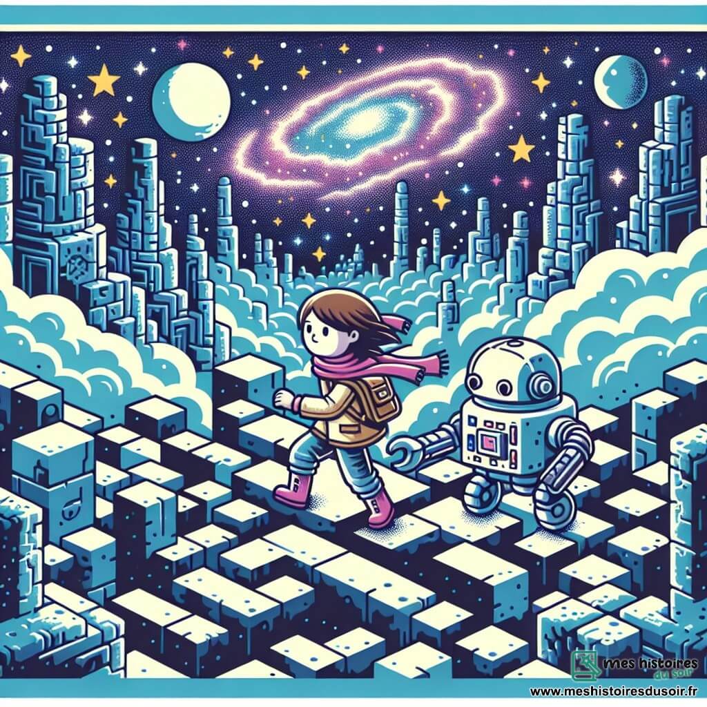 Une illustration destinée aux enfants représentant une exploratrice intrépide, naviguant à travers un labyrinthe d'étoiles avec l'aide d'un compagnon robotique fidèle, sur une planète lointaine aux ruines majestueuses et aux ciels constellés de Nébula.