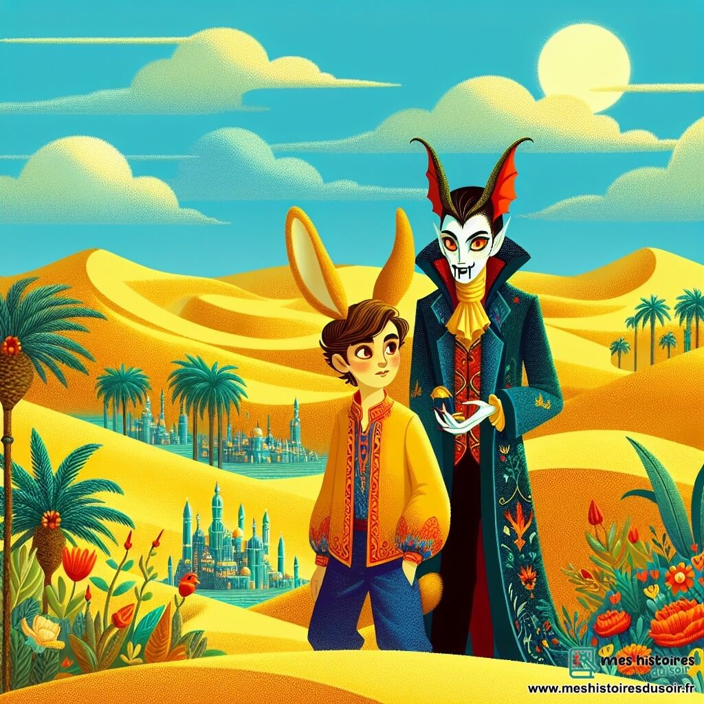 Une illustration sous forme de dessin destinée aux enfants représentant un vaste Désert des Mirages, avec des dunes dorées ondulant sous un ciel azur, où un jeune garçon aux oreilles de lièvre et à la queue touffue, vêtu de vêtements colorés, se tient aux côtés d'un vampire élégant aux yeux rouges brillants, avec des dents pointues, tandis qu'ils explorent ensemble une oasis cachée, entourée de palmiers luxuriants et de fleurs éclatantes, symbolisant la quête d'acceptation et d'amitié au cœur d'un monde magique.