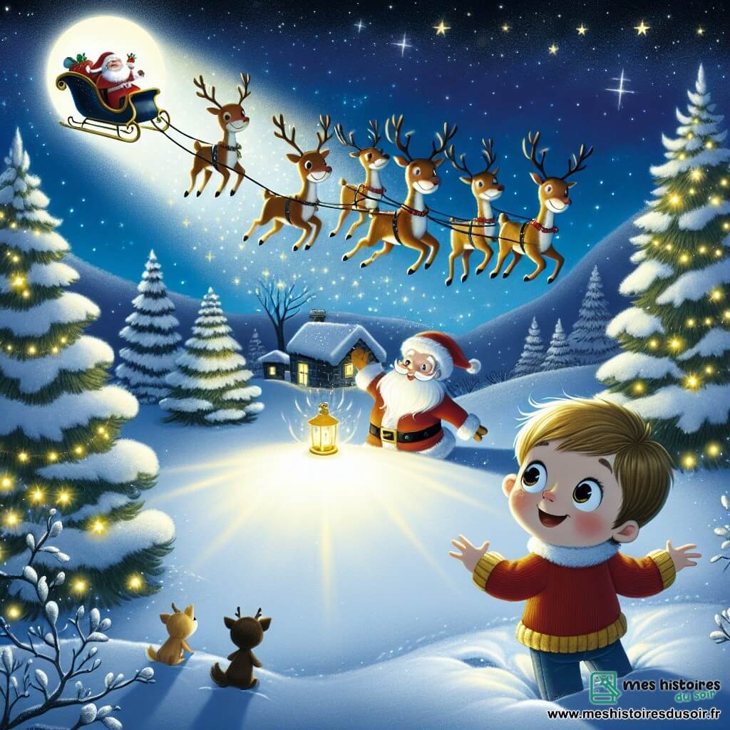 Une illustration destinée aux enfants représentant un petit garçon aux yeux brillants, une rencontre magique avec le père Noël, un traîneau volant tiré par des rennes majestueux se posant dans un jardin enneigé illuminé par la lueur des étoiles.