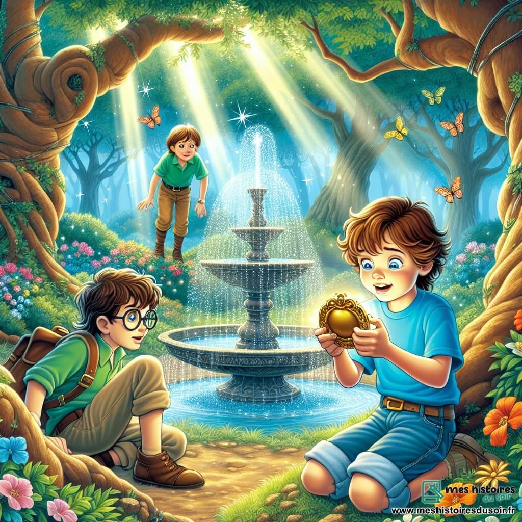 Illustration d'un parc enchanté avec des arbres majestueux et des fleurs colorées. Au centre, un garçon de 9 ans aux cheveux châtains et aux yeux curieux est accroupi près d'une fontaine scintillante, portant un t-shirt bleu et un short en jean, tenant un miroir doré, son visage rayonnant d'excitation. À ses côtés, un autre garçon de 9 ans avec des cheveux bruns et des lunettes rondes observe la fontaine, souriant, vêtu d’un t-shirt vert et d’un pantalon beige, tenant une carte au trésor froissée. Les deux amis sont en quête d'un trésor caché, dans une atmosphère magique, avec des rayons de soleil créant des éclats de lumière et des papillons colorés volant autour d'eux.