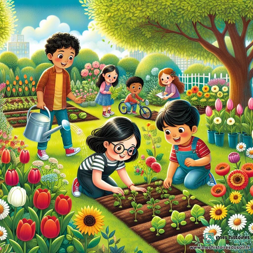 Illustration d'un jardin en pleine floraison, baigné par la lumière dorée du soleil printanier. Le sol est parsemé de fleurs colorées, telles que des tulipes rouges, des marguerites blanches et des tournesols jaunes, tandis que des légumes verts poussent en rangées bien alignées. Au centre, une fille d'environ 11 ans, avec des cheveux noirs indomptés et des lunettes légèrement de travers, s'accroupit pour semer des graines. À côté, un garçon de 12 ans, grand et souriant, arrose les plants, éclaboussant un peu de terre sur son t-shirt. Un autre garçon de 11 ans, assis dans un fauteuil roulant, observe et coordonne les efforts de ses amis, souriant. Enfin, une fille d'environ 10 ans, avec des cheveux châtains et des lunettes, prend des notes sur un carnet, le regard concentré. Cette scène montre des enfants unis dans leur projet de jardinage, chacun jouant un rôle essentiel. En arrière-plan, des arbres en bourgeonnement et des oiseaux chantants ajoutent une touche de vie, symbolisant l'esprit de camaraderie et de découverte du printemps.