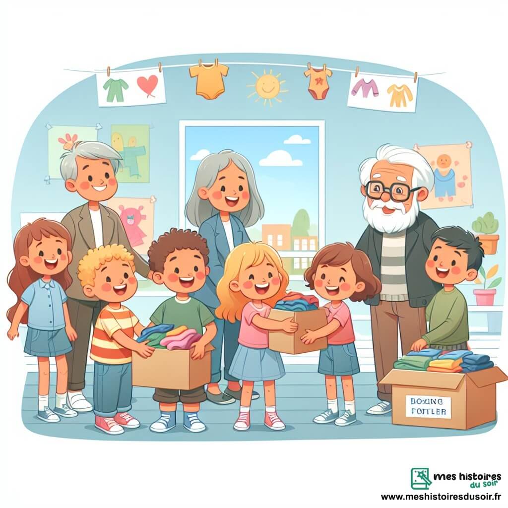 Une illustration sous forme de dessin destinée aux enfants représentant un centre communautaire coloré avec des murs décorés de dessins d’enfants, où un groupe de trois enfants de 7 ans, deux filles aux cheveux bouclés et lisses, et un garçon aux cheveux courts, sont en train de rassembler des vêtements et des boîtes de nourriture, entourés de personnes souriantes, dont un homme âgé à la barbe blanche qui les remercie chaleureusement, le tout dans une ambiance joyeuse et solidaire, illustrant l'esprit d'entraide et de partage.