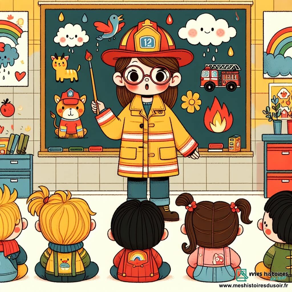 Une illustration sous forme de dessin destinée aux enfants représentant une salle de classe colorée avec des murs décorés de dessins d'animaux et de nuages, où une femme pompier courageuse aux cheveux bruns attachés en chignon, portant un casque rouge et une grande veste jaune, sourit en expliquant son métier aux enfants émerveillés, dont un petit garçon aux lunettes rondes et une petite fille aux couettes qui l'écoutent attentivement, tandis qu'un tableau noir en arrière-plan montre des dessins de camions de pompiers et des flammes, illustrant l'importance d'aider les autres et d'être courageux.