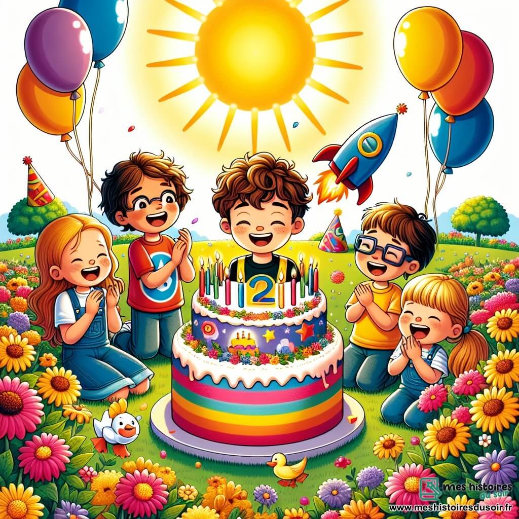 Une illustration sous forme de dessin destinée aux enfants représentant un parc ensoleillé, rempli de fleurs colorées et de ballons flottants, où un garçon de 12 ans aux cheveux bruns et bouclés, portant un t-shirt de super-héros, souffle joyeusement sur des bougies d'anniversaire plantées sur un gâteau en forme de fusée, entouré de ses amis : une fille aux cheveux longs et blonds qui applaudit avec enthousiasme, un garçon aux lunettes qui rit en tenant un ballon, et une petite fille aux couettes qui tient un canard en papier, tous partageant des rires et des sourires, créant une atmosphère festive et magique.