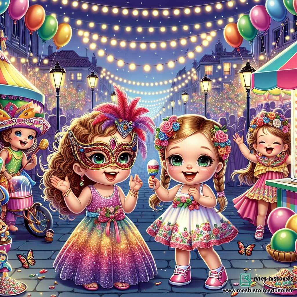 Illustration d'un carnaval coloré et festif dans une rue animée, décorée de guirlandes lumineuses et de ballons multicolores. Des stands de friandises et des jeux forains contribuent à l'ambiance joyeuse. Au premier plan, une petite fille de 18 mois, aux grands yeux brillants et cheveux bouclés, porte un masque scintillant avec des plumes rouges et des paillettes dorées. À ses côtés, deux amies : une fille de 4 ans avec des tresses et une robe à fleurs, applaudissant avec enthousiasme, et une autre fille de 4 ans, aux cheveux raides et blonds, riant avec une glace à la main. Les trois filles dansent et s'amusent au carnaval, entourées de clowns colorés, de musiciens joyeux et de danseurs en costumes éclatants, tandis que des papillons multicolores volent autour d'elles. En arrière-plan, des lumières scintillantes illuminent le ciel crépusculaire, créant une atmosphère féerique.