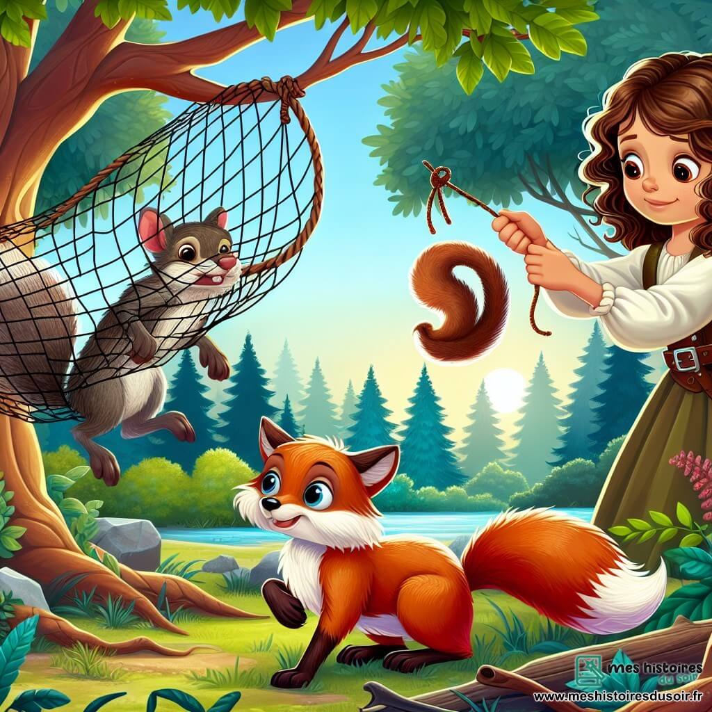 Une illustration destinée aux enfants représentant une fillette aux boucles brunes, défiant un renardeau pris au piège dans un filet de chasse, avec un écureuil malicieux observant la scène depuis une clairière ensoleillée de la forêt enchantée.