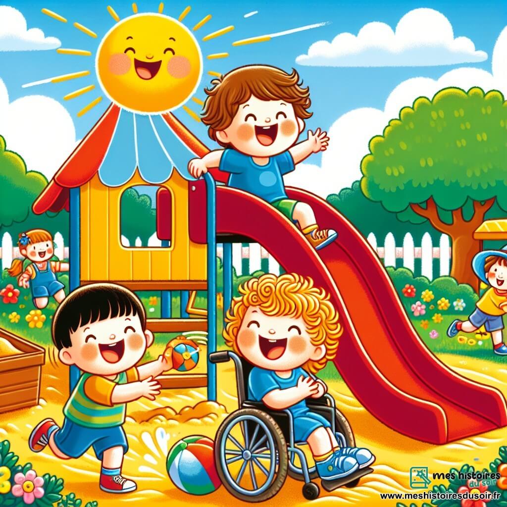 Illustration destinée aux enfants représentant un parc ensoleillé avec un grand toboggan rouge et un bac à sable doré, où un groupe de trois enfants de 3 ans joue ensemble. Au centre, un garçon aux cheveux bouclés et un grand sourire pousse un fauteuil roulant, où est assis un autre garçon aux cheveux bruns, qui rit joyeusement, tandis qu'un garçon portant un chapeau bleu lance un ballon coloré vers eux. Les enfants sont entourés de fleurs colorées et d'arbres verts, créant une ambiance joyeuse et amicale, illustrant l'esprit de camaraderie et d'entraide.