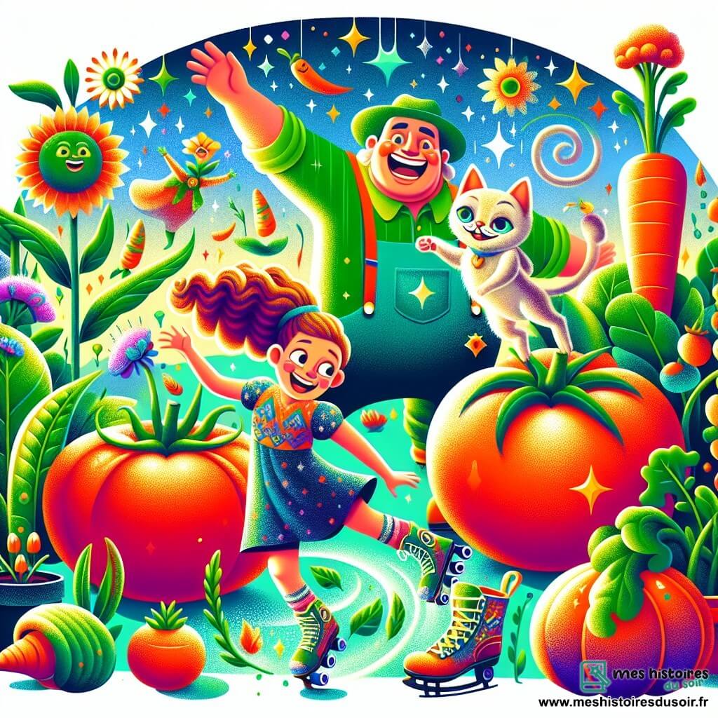 Illustration d'un jardin fantastique avec des légumes énormes, comme des tomates de la taille de voitures et des carottes dansant. Au centre, une fille de 9 ans aux longs cheveux bruns et aux yeux curieux, vêtue d'une robe colorée et chaussée de patins à roulettes, rit en dansant avec un chat volant aux ailes scintillantes. En arrière-plan, un géant souriant arrose les légumes tout en regardant la scène avec bienveillance. La fille et le chat dansent entourés de légumes animés, créant une atmosphère joyeuse et colorée, agrémentée de fleurs chantantes et d'objets vivants, comme des bottes applaudissant, ajoutant une touche de magie à cette scène vivante et absurde.