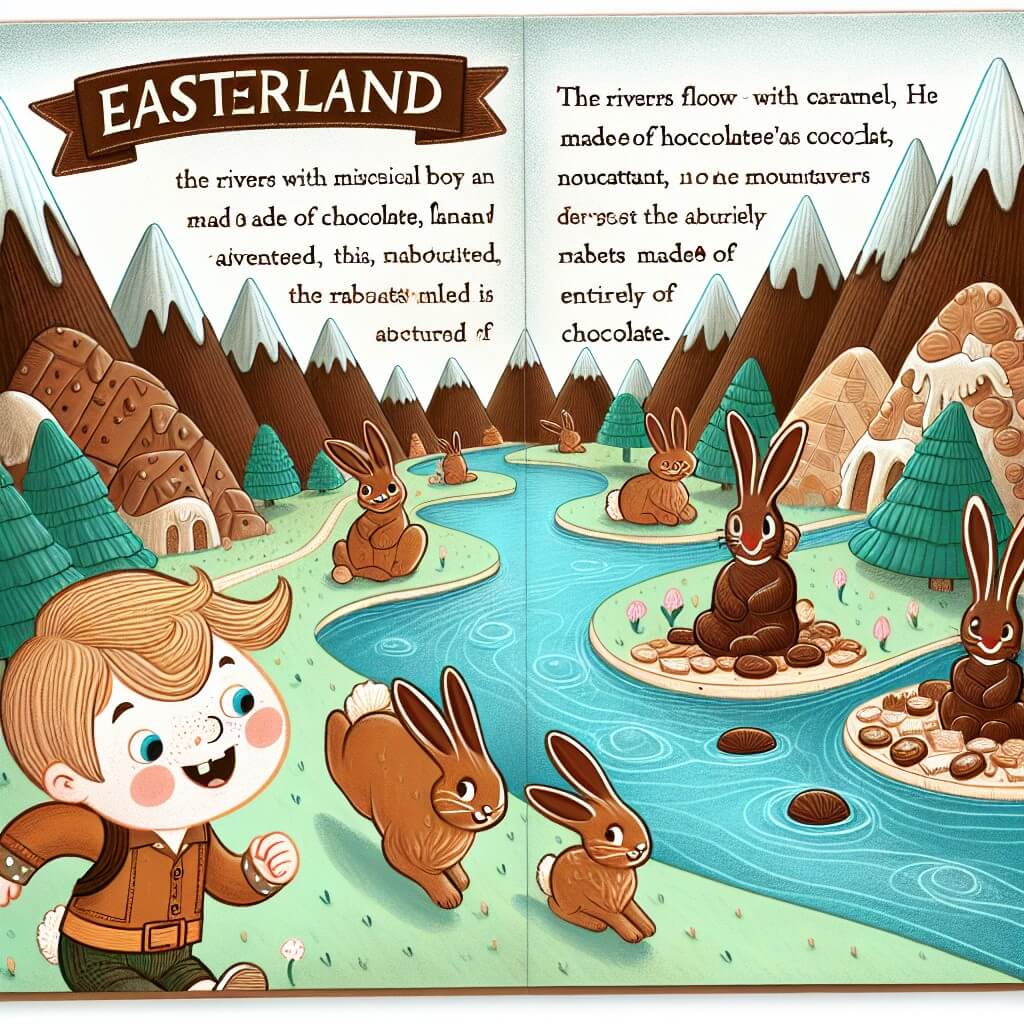 Une illustration destinée aux enfants représentant un petit garçon espiègle, se retrouvant dans un pays féerique en chocolat, accompagné de lapins en chocolat, dans le magnifique pays de Pâquelande, où les arbres sont en chocolat, les rivières en caramel et les montagnes en nougat.