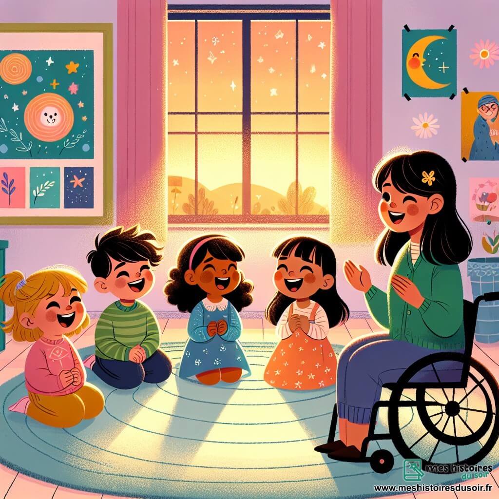 Illustration destinée aux enfants représentant une salle de classe chaleureuse, avec des murs peints en couleurs pastel et des fenêtres laissant passer une douce lumière de fin d'après-midi. Au centre, un groupe de trois enfants de 7 ans : une fille aux cheveux bouclés et un sourire éclatant, une fille aux yeux pétillants et une petite fille dans un fauteuil roulant, rayonnante de joie. Les enfants sont assis en cercle sur un tapis moelleux, chantant ensemble, leurs visages illuminés par l'imagination, tandis qu'une maîtresse bienveillante les observe avec un sourire. En arrière-plan, des dessins d'étoiles et de lunes décorent les murs, évoquant la magie de la nuit qui approche, tandis qu'une douce lumière dorée crée une atmosphère réconfortante, dissipant la peur du noir.