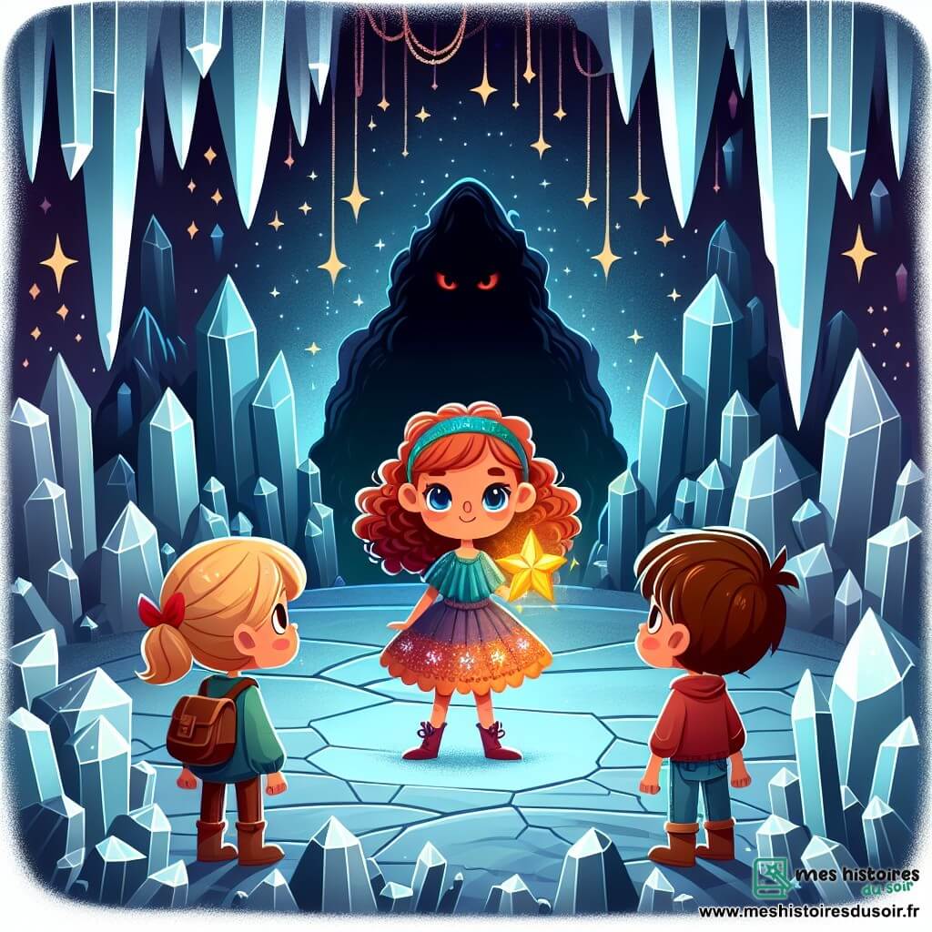 Une illustration sous forme de dessin destinée aux enfants représentant une vaste caverne illuminée par des cristaux scintillants, où une fille de 7 ans aux cheveux bouclés cuivrés et aux yeux bleus profonds, vêtue d'une robe colorée, se tient courageusement devant une étoile brillante flottant dans sa main, tandis que deux amis, un garçon aux cheveux bruns et une fille aux cheveux blonds, l'observent avec admiration, tous trois prêts à affronter une ombre menaçante qui se profile dans les ténèbres, symbolisant leur quête pour rétablir l'équilibre entre lumière et obscurité.