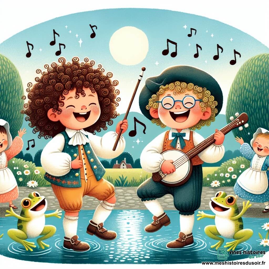 Une illustration destinée aux enfants représentant un garçon aux cheveux bouclés comme des ressorts, et un garçon aux lunettes rondes, jouant de la musique avec des grenouilles dansant joyeusement autour d'eux, près d'un étang étincelant sous le soleil du village de Croquenville.