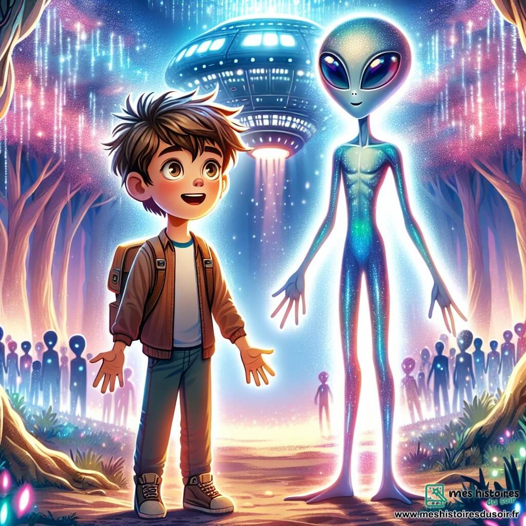 Une illustration sous forme de dessin destinée aux enfants représentant une forêt luminescente sur la planète Nova Terra, où un garçon de 11 ans aux cheveux bruns en bataille et aux yeux pétillants observe avec émerveillement un vaisseau spatial scintillant, tandis qu'un extraterrestre grand et élancé, à la peau irisée et aux yeux brillants, se tient à ses côtés, prêt à établir un contact amical, le tout baigné dans une lumière douce et colorée, symbolisant l'émerveillement et la curiosité de l'exploration intergalactique.