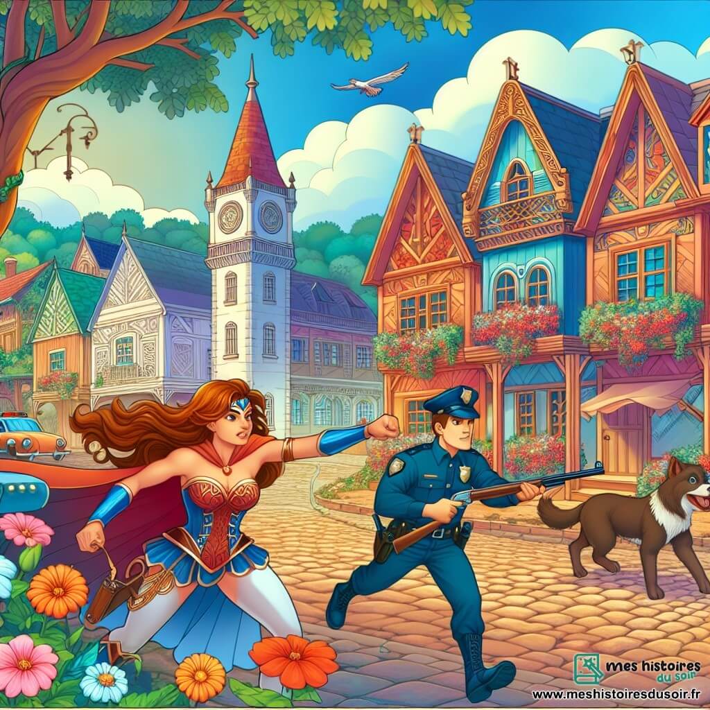 Une illustration destinée aux enfants représentant une femme dotée de pouvoirs extraordinaires, luttant contre un ennemi invisible avec l'aide d'un courageux policier, dans la magnifique ville de Merveilleuxville, où les maisons colorées sont ornées de fleurs et les rues pavées sont bordées d'arbres majestueux.