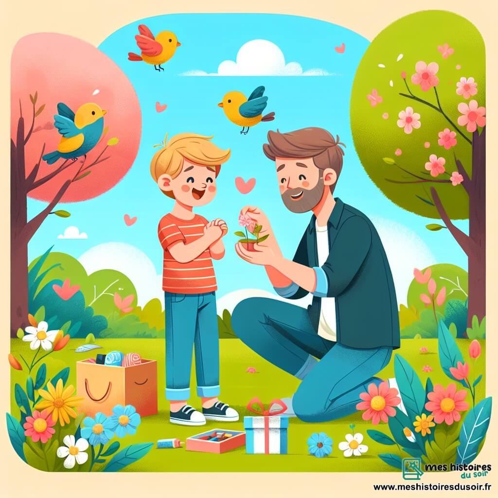 Une illustration destinée aux enfants représentant un petit garçon préparant une surprise pour son papa, avec la présence d'un père aimant, dans un parc ensoleillé aux arbres fleuris et aux oiseaux chantants.