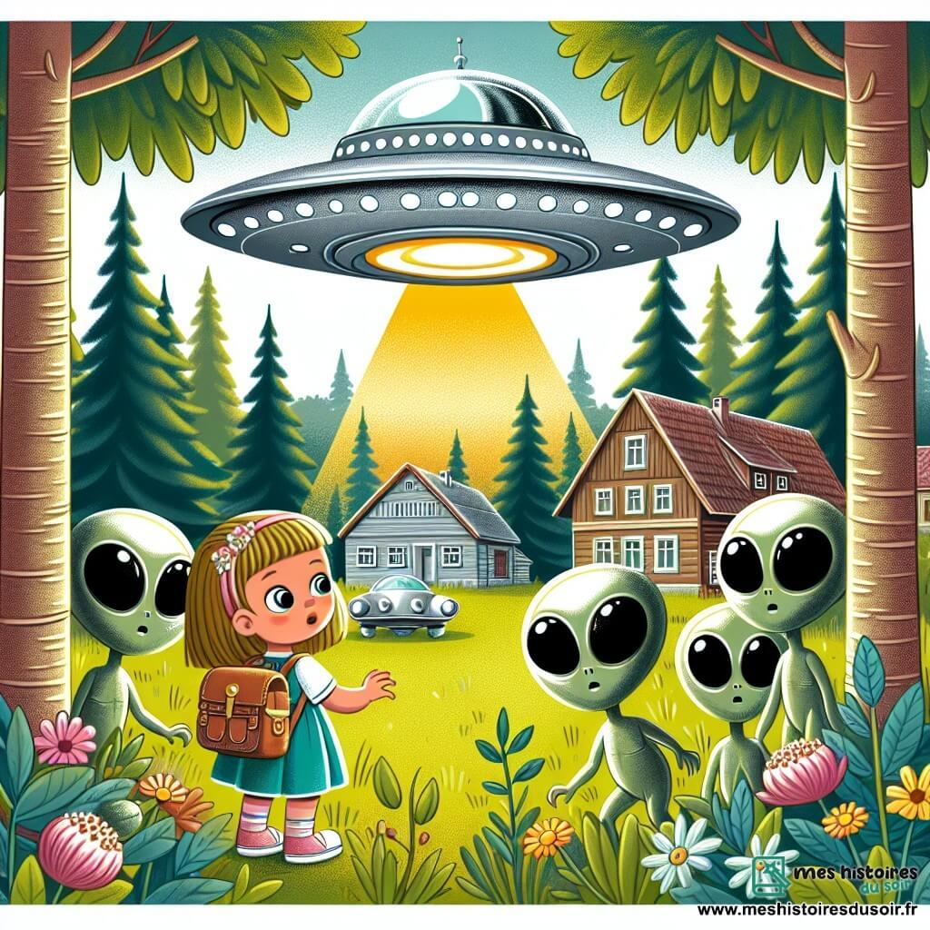 Une illustration destinée aux enfants représentant une fillette curieuse découvrant un vaisseau spatial argenté avec des extraterrestres verts aux grands yeux brillants, caché dans une clairière entourée de grands arbres dans un petit village au cœur de la campagne.