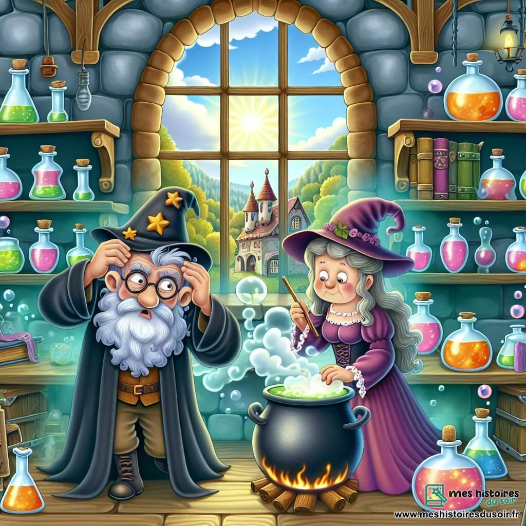 Une illustration destinée aux enfants représentant un sorcier étourdi concoctant une potion magique avec l'aide d'une sorcière mystérieuse, dans un laboratoire enchanté aux murs tapissés de chaudrons bouillonnants, d'étagères remplies de fioles colorées et d'une fenêtre laissant entrer des rayons de soleil scintillants, situé dans un village pittoresque au cœur d'une vallée verdoyante.
