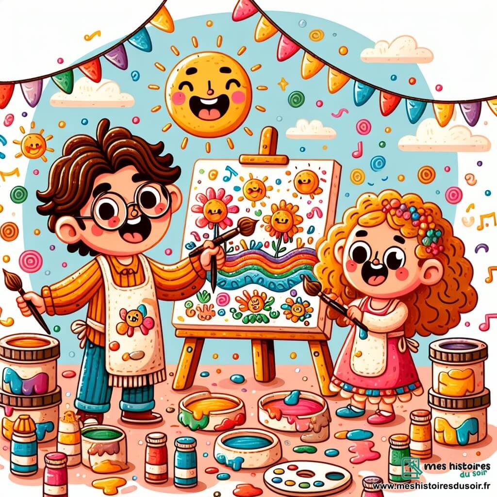Une illustration sous forme de dessin destinée aux enfants représentant un atelier coloré rempli de pots de peinture et de toiles blanches, où un homme souriant avec un tablier taché de peinture montre à une fille aux cheveux bouclés et à un garçon aux lunettes comment peindre, tandis qu'ils s'amusent à créer un paysage magique avec un soleil dansant et une rivière chantante, entourés de guirlandes colorées et d'une ambiance joyeuse.