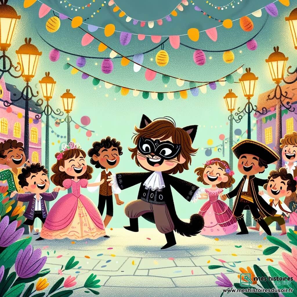 Une illustration sous forme de dessin destinée aux enfants représentant une place animée du carnaval, ornée de guirlandes colorées et de lanternes scintillantes, où un garçon de 5 ans aux cheveux bruns en bataille, portant un costume noir de chat et un masque mystérieux, danse joyeusement au milieu d'un groupe d'enfants, dont une fille en costume de princesse rose et un garçon déguisé en pirate, tous riant et s'amusant ensemble, tandis que des fleurs autour d'eux semblent également danser au rythme de la musique festive.