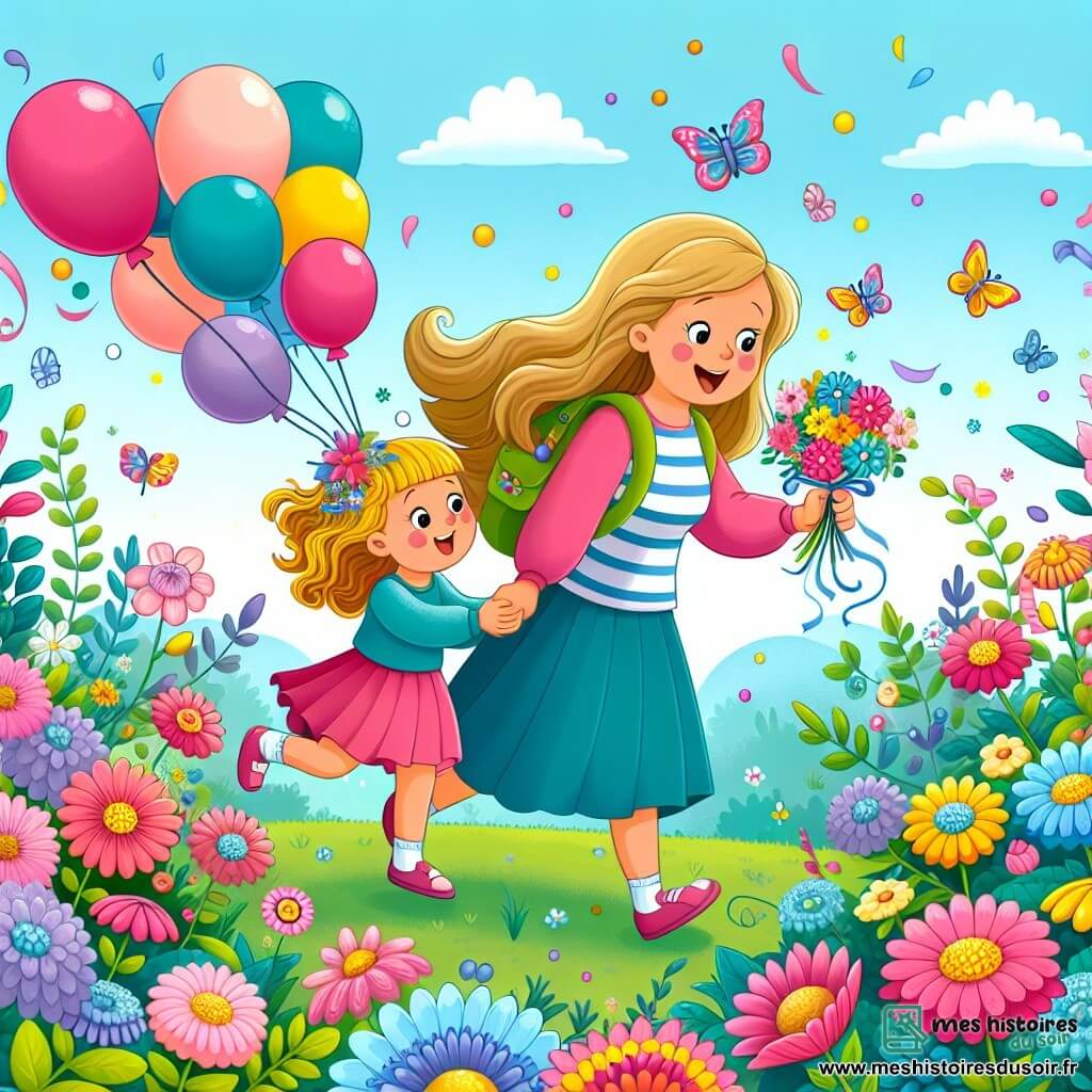 Une illustration destinée aux enfants représentant une petite fille énergique et curieuse, accompagnée de sa maman bienveillante, dans un jardin enchanté aux fleurs multicolores et aux ballons joyeux, célébrant la fête des mères.