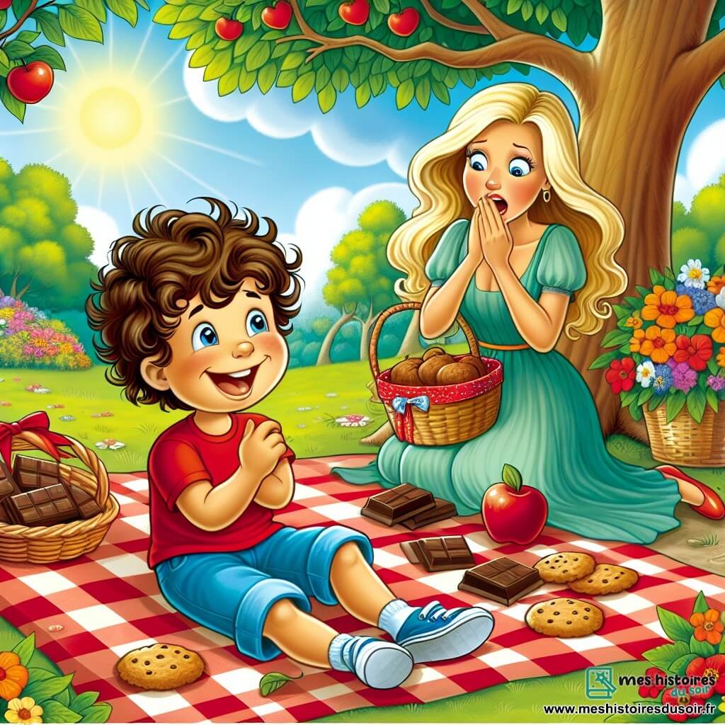 Une illustration sous forme de dessin destinée aux enfants représentant un parc ensoleillé avec un grand arbre aux feuilles vertes et des fleurs colorées, où un garçon de 5 ans aux cheveux bruns et bouclés, portant un t-shirt rouge et un short bleu, est assis sur une nappe à carreaux rouges, entouré de délicieux biscuits au chocolat et de pommes juteuses, tandis qu'une femme souriante aux cheveux longs et blonds, vêtue d'une robe légère, s'approche avec un regard émerveillé, alors qu'ils préparent ensemble un pique-nique surprise pour la fête des mères, remplie de rires et de joie.