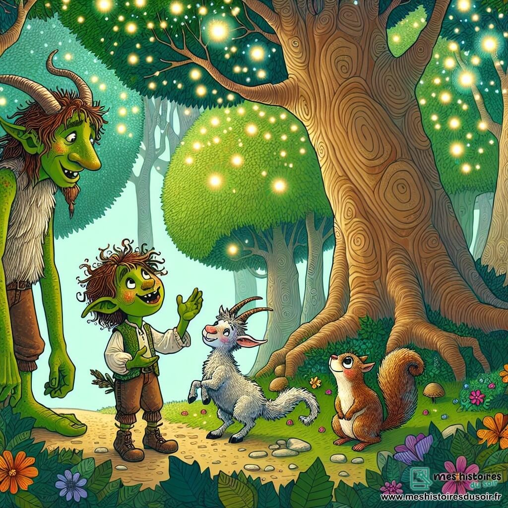 Une illustration sous forme de dessin destinée aux enfants représentant une forêt enchantée, avec des arbres géants aux feuilles scintillantes et des fleurs colorées, où un jeune troll à la peau verte et à la crinière en désordre, au regard amical, se tient au centre, en train de discuter avec un faune aux pattes de chèvre et aux cheveux frisés, tandis qu'un écureuil vif aux yeux pétillants les observe avec curiosité, tous réunis pour célébrer leur amitié et protéger leur forêt magique des Ombres du Désespoir.
