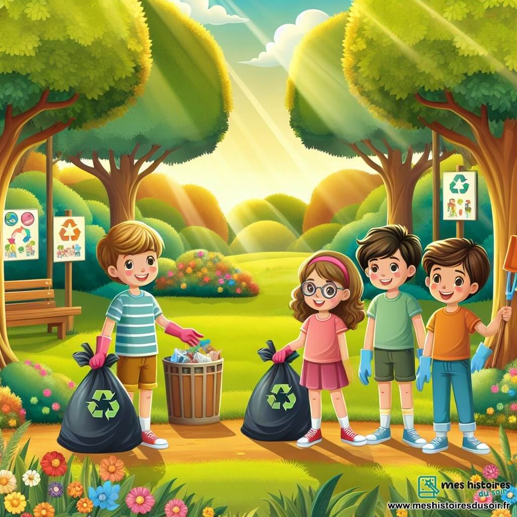 Illustration destinée aux enfants représentant un parc verdoyant de Verdantville, baigné par la lumière dorée du soleil, avec des arbres majestueux aux feuilles éclatantes et des fleurs colorées éparpillées sur l'herbe. Un groupe d'enfants de 11 ans, composé de deux garçons aux cheveux châtains en bataille et d'une fille aux cheveux bouclés, se tient au centre, souriant et portant des gants de jardinage, tout en ramassant des déchets dans des sacs poubelles. À proximité, une autre fille, aux lunettes rondes et aux cheveux lisses, explique joyeusement l'importance du recyclage à un groupe d'adultes curieux. L'atmosphère est animée et joyeuse, avec des affiches colorées accrochées aux arbres, des jeux éducatifs en arrière-plan, et des rires d'enfants qui résonnent dans l'air pur.