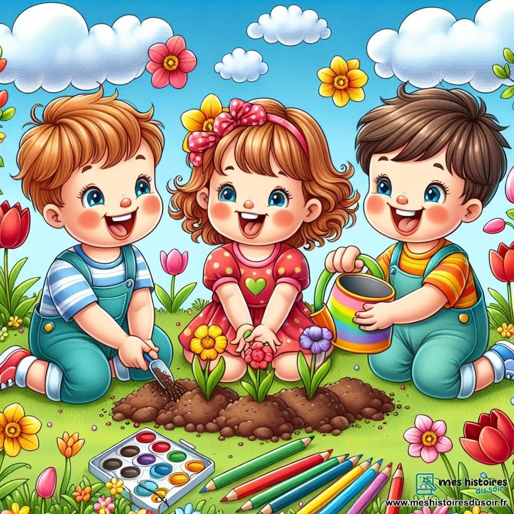 Illustration destinée aux enfants représentant un jardin printanier éclatant, rempli de fleurs colorées comme des tulipes rouges et des jonquilles jaunes, sous un ciel bleu clair parsemé de nuages blancs duveteux. Un groupe de trois enfants de 1 an, deux garçons et une fille, s'accroupit joyeusement sur l'herbe verte, les mains pleines de terre, tandis qu'ils plantent des graines de fleurs. Le garçon aux cheveux bouclés et au grand sourire rit, tandis que le garçon aux yeux brillants montre une fleur, et la petite fille avec une canne sourit en tenant un arrosoir coloré. Des crayons de couleur éparpillés autour d'eux ajoutent une touche artistique à la scène, tandis qu'un léger vent fait danser les pétales des fleurs.