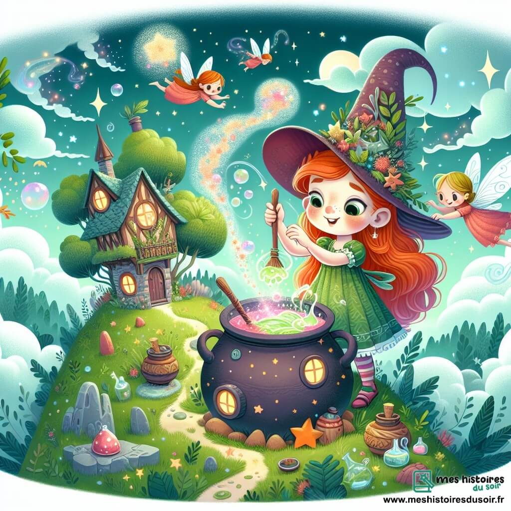 Une illustration destinée aux enfants représentant une jeune sorcière loufoque concoctant une potion magique avec l'aide d'un lutin malicieux, dans sa maison en forme de chapeau perchée au sommet d'une colline verdoyante où la magie règne en maître.