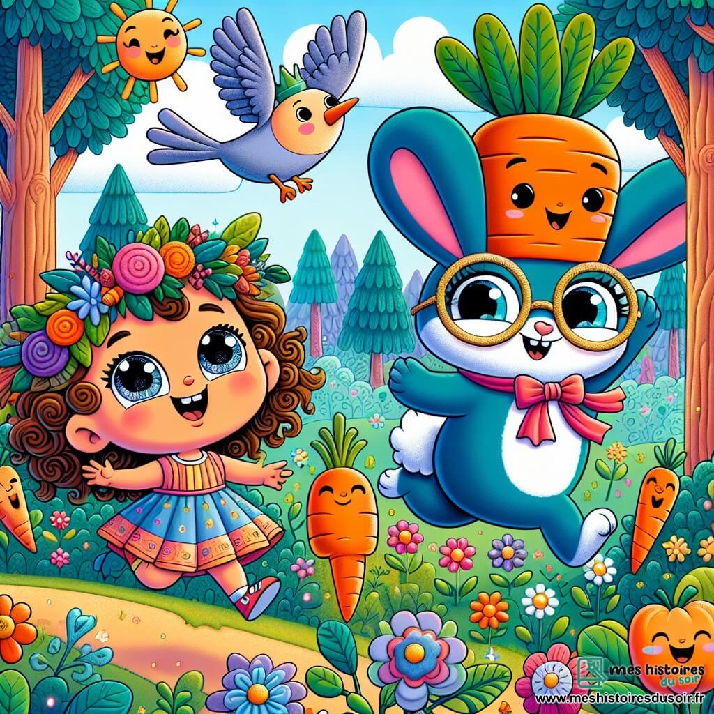 Une illustration sous forme de dessin destinée aux enfants représentant une forêt magique aux arbres aux troncs colorés et aux fleurs souriantes, où une petite fille de 3 ans aux grands yeux pétillants et aux cheveux bouclés, vêtue d'une robe légère, saute de joie en courant après un lapin bleu espiègle qui porte une couronne de carottes, tandis qu'un oiseau aux lunettes rondes vole au-dessus d'eux, les encourageant à participer à une joyeuse fête des légumes dans un champ rempli de carottes géantes et de légumes dansants.