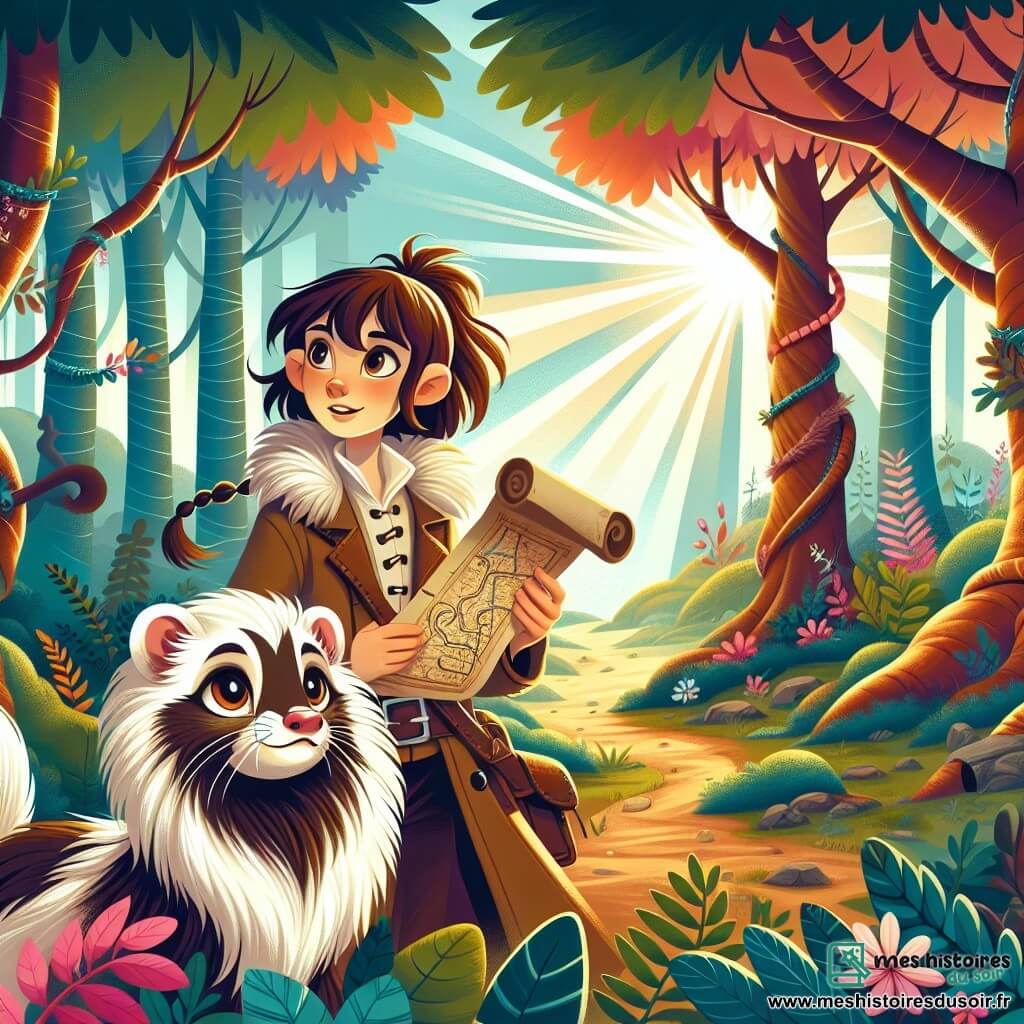Une illustration sous forme de dessin destinée aux enfants représentant une forêt enchantée, avec des arbres majestueux aux feuillages colorés et des rayons de soleil filtrant à travers les branches, mettant en avant une jeune femme aux cheveux châtains en désordre, vêtue d'une tunique d'exploratrice, tenant une carte ancienne dans ses mains et scrutant l'horizon avec des yeux pétillants de curiosité, tandis qu'à ses côtés se tient un petit furet au pelage soyeux, aux yeux ronds et malicieux, qui semble impatient de découvrir les secrets de la forêt, alors qu'ils s'apprêtent à résoudre une énigme mystérieuse pour trouver un trésor caché.