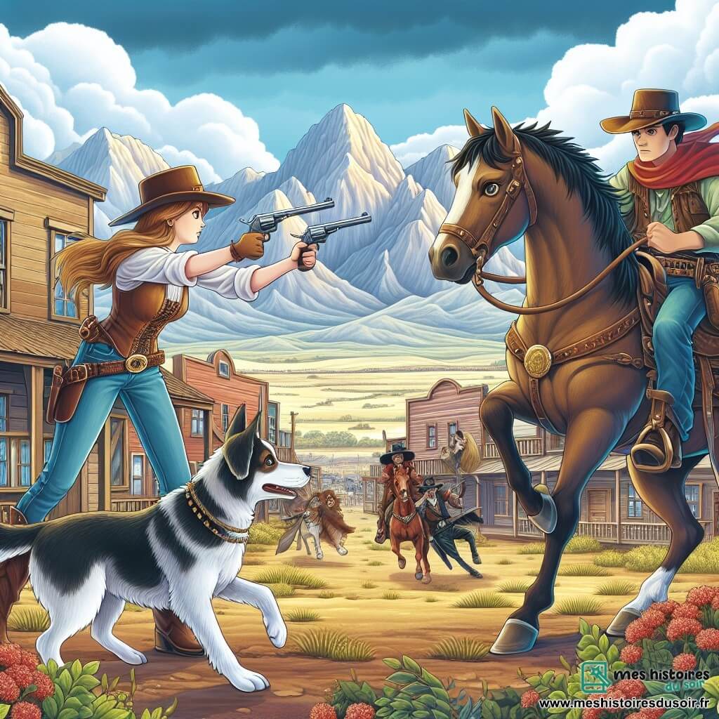 Une illustration destinée aux enfants représentant une cowgirl courageuse affrontant un redoutable hors-la-loi dans une ville de l'Ouest sauvage, entourée de grandes étendues de plaines et de montagnes majestueuses, avec son fidèle cheval Éclair et son chien courageux Lucky à ses côtés.